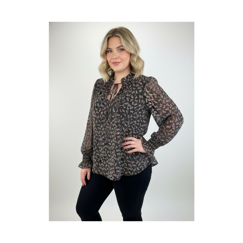 LOFT Black Floral Sheer Blouse Ruffle Neck Long Sleeve • XL